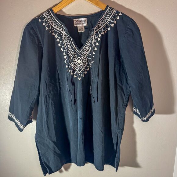 Vintage 90s Tantrums Collection Black & White Embroidered Boho Tunic Top - Picture 1 of 4